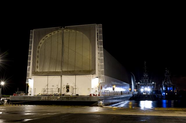 NASA image: NASA’s Pegasus Barge Stops at MAF with Artemis I Rocket Hardware